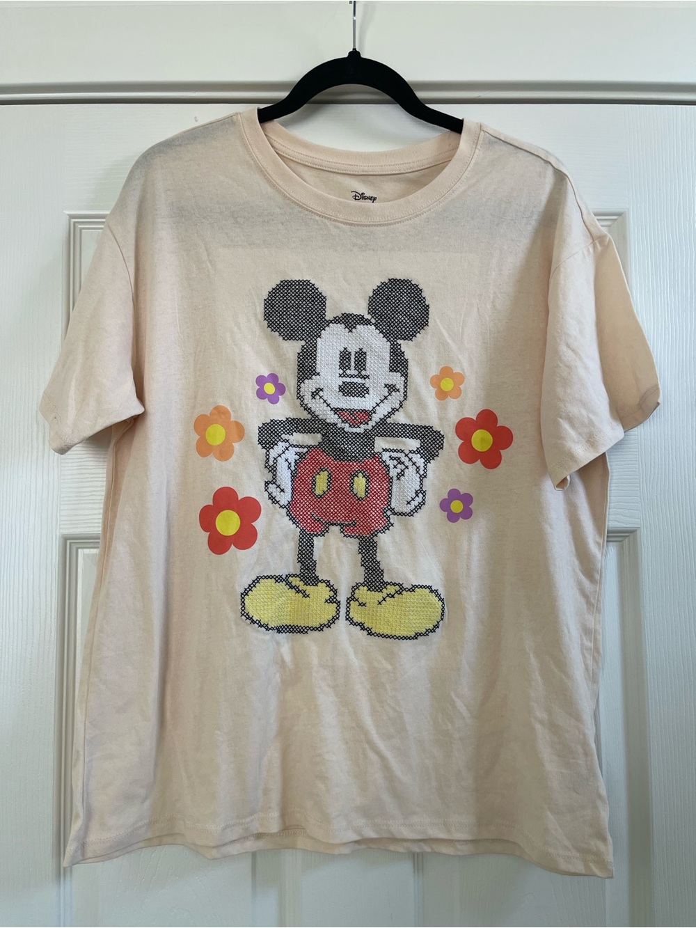 NEW Disney Mickey Mouse Cross Stitch Floral T-Shirt Size M